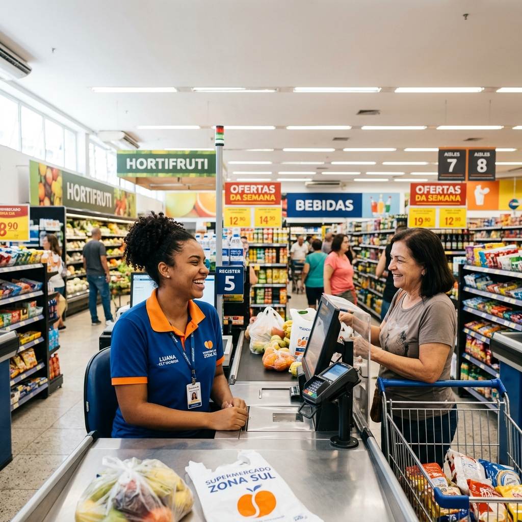Caixa de mercado atendendo um cliente