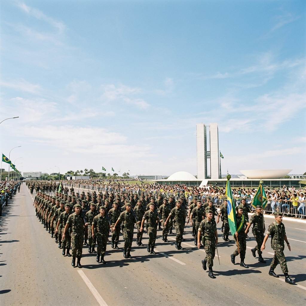 Soldados em marcha representando as forças armadas