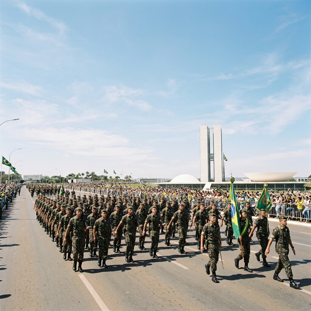 Soldados em marcha representando as forças armadas